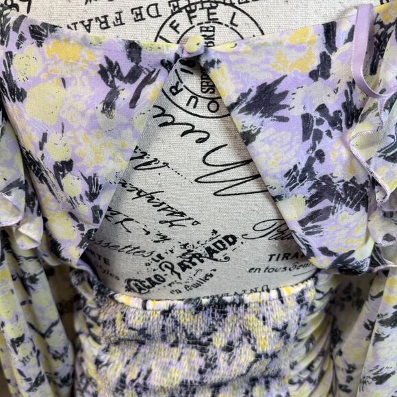 Free People Mabel Floral Tie Blouse Lilac Balloon Sleeve Sz S Boho Cottage - Picture 8 of 10